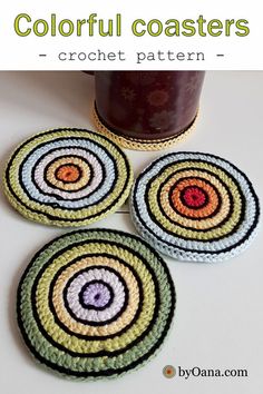 three crocheted coasters with the words colorful coasters on them, in front of