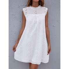 Season:Summer; Fabric:Lace; Sleeve Length:Sleeveless; Look After Me:Machine wash; Gender:Women's; Style:Streetwear; Elasticity:Inelastic; Occasion:Holiday,Street,Vacation,Date; Fit Type:Regular Fit; Dresses Type:Tank Dress,Plain Dress,Lace Dress,White Dress,Summer Dress,Casual Dress; Design:Eyelet,Patchwork,Lace; Neckline:Stand Collar; Listing Date:03/15/2024; Bust:; Length:; Shoulder Width:; Fit US Size:; Fit UK Size:; Fit EU Size:; Dress Length Type:Mini Dress; Print Type:non-printing Hollow Out Dress, Sleeveless Cotton Dress, Lace Dress Casual, Loose Midi Dress, Sleeveless Short Dress, Plain Dress, Lace Cutout, White Dresses For Women, Solid Color Dress