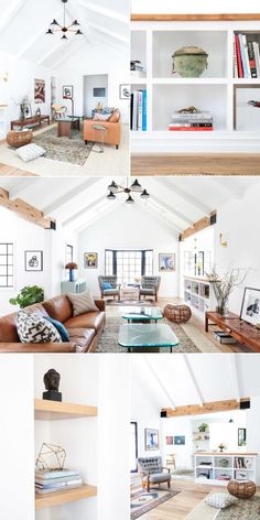 this is a collage of photos showing the inside of a house with furniture and bookshelves