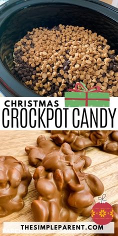 chocolate covered crockpot candy on a wooden table with the words, thanksgiving crockpot candy