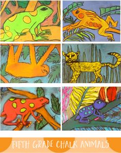 children's art project featuring colorful pictures of animals and plants with text overlay that reads fifth grade chalk animals