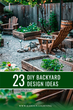 a backyard garden with lots of plants and wooden chairs in it, surrounded by gravel