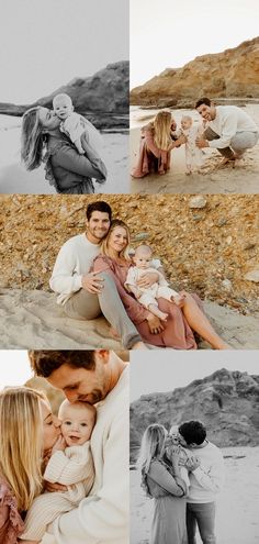 a couple and their baby are posing for pictures on the beach in black and white