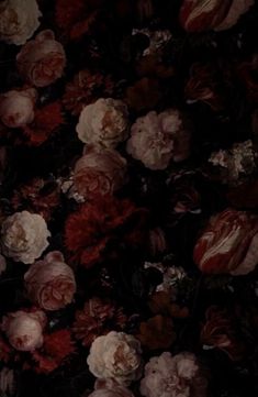 a bunch of flowers that are all over the place in front of a black background