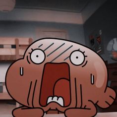 a cartoon character sitting on the floor with his mouth open and eyes wide open, in front of bunk beds