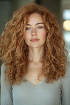 Person with curly red hair and a neutral expression, wearing a light gray top. Copper On Brown Hair, Light Ginger Brown Hair, Ginger Brown Hair Color, Blonde Cowboy, Brown Medium Hair, Auburn Copper Hair, Cowgirl Copper, Ginger Brown Hair, Brown Auburn Hair