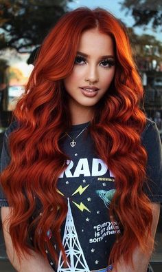 Copper Red Long Hair, Orange Hair Color Ideas For Brunettes, Poison Ivy Red Hair, Fall Hair Colors Orange, Bright Fall Hair Colors, Hair Inspo Color Long, 6rr Hair Color, Fantasy Hair Colors, Red Hair Copper Highlights