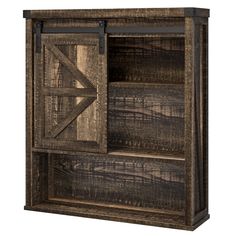 an old wooden bookcase with sliding doors on the front and side, open to reveal a barn door