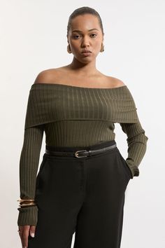 Elevate Your Every Day Wardrobe With A Plus Size Knit Jumper, Which Features A Bodycon Fit That Highlights The Curves, And A Statement, Foldover Bardot Neckline Which Elevates The Formality. Style It With Tailored Trousers Or Jeans And Strappy Heels For A Day To Night Look That Is Guaranteed To Turn Heads Wherever You Step. Plus Size Viscose Blend Bardot Knit Jumper High Quality, Soft Knit Fabric Formal Bardot Neckline Fold Over Accent Long Sleeves Bodycon Silhouette Subtle Stripe Detailing Expe Off The Shoulder Knit Sweater, Off The Shoulder Knit, Plus Size Workwear, Bardot Neckline, Long Sleeve Bodycon, Shop Mens Clothing, Guest Outfit, Karen Millen, Tailored Trousers