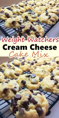 two pictures of chocolate chip cream cheese cake mix cookies on cooling racks with the words, weight watchers'cream cheese cake mix