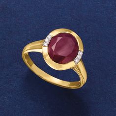 Ross-Simons - 5.00 Carat Ruby Ring Oval Cut with Diamond Accents in 14kt Yellow Gold. Size 5. Add a richness to your look with this fiery 5.00 carat oval ruby ring! Glittery trios of diamond accents spark each side of the glossy polished 14kt yellow gold setting. 1/2" wide. Ruby ring. Ruby birthstones are the perfect gift for July birthdays. Oval Ruby Ring, Ruby Birthstone, Ring Ruby, July Birthday, Ring With Diamond, Yellow Gold Setting, Ring Oval, Ruby Ring, Oval Cut