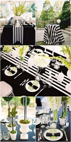 black and white table settings with flowers, napkins and place settings for the tables