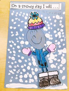 a child's drawing of a person wearing a hat and mittens in the snow