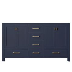 a blue cabinet with gold handles and drawers