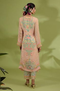 Blush pink kurta with all over flower print and placement beads, sequins hand embroidery. Paired with a matching printed pant and dupatta. - Aza Fashions Unstitched Pink Kurta With Floral Print, Pink V-neck Kurta For Spring, Pink Floral Print Straight Kurta Sets, Pink V-neck Kurta With Printed Motifs, Pink Sets With Printed Motifs For Spring, Pink Spring Sets With Printed Motifs, Summer Pink Floral Print Kurta, Bohemian Pink Sets With Digital Print, Bohemian Pink Digital Print Sets