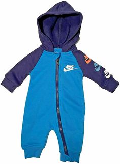 BRAND NEW WITH TAGS SMOKE FREE ENVIRONMENT WE ARE PROUD, TRUSTED EBAY SELLERS SINCE 1999! NIKE Nike Infant Futura Hooded Zip Long Sleeve Coverall Swoosh Logos down sleeve Size:  Newborn Ultra-cozy design! Full Zip to bottom leg for easy diaper changes (top zipper is covered with material for comfort by neck) 80% Cotton / 20% Polyester French terry fabric is durable. Hood provides extra warmth Pictures sell! Auctiva offers Free Image Hosting and Editing. The complete eBay Selling Solution. Nike Casual Long Sleeve Onesie, Blue Cotton Hooded Onesie, Nike Baby, Cotton Romper, Swoosh Logo, French Terry Fabric, Baby Winter, Snow Suit, Nike Sportswear