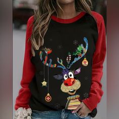 Woman’s Holiday Long Sleeve Reindeer T-Shirt. Size: Various Red Sleeves Long Sleeve Crewneck Adorable Reindeer Machine Wash New In Package Ladies Christmas Tops, Womens Christmas Tops, Crop Pullover, Ravensburger Puzzle, Christmas Sweaters For Women, Christmas Print, Pullover Shirt, Loose Tops, Womens Fall