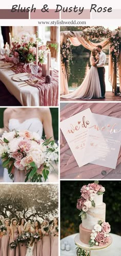 pink and dusty rose wedding color palettes for the bride's gown, dress, bouquet