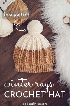 a knitted hat with text overlay that reads, winter rays crochet