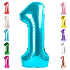 an inflatable number one balloon is shown with different colors and sizes to choose from