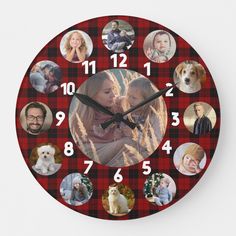 a red and black clock with pictures of people on it's face in the shape of a circle