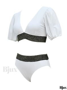 Bjux - Professional Black V Neck Bikini Set with Short Sleeves, Contrast Band, and High Cut - Two-Piece Swimsuit for Women, Ideal Swimwear & Clothing Option Swimsuit For Women, High Cut, Two Piece, Short Sleeves, V Neck, Band, For Women, Clothes, Black