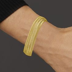 Ross-Simons - 18kt Gold Over Sterling Mesh Bracelet. 8". Wrap your wrist in a sweep of luxe mesh! Finely handcrafted in polished 18kt yellow gold over sterling silver and measuring 1/2" wide for a substantial look. Springring clasp, 18kt yellow gold over sterling silver mesh bracelet. Mesh Bracelet, Unique Vintage, Gold Bracelet, Fine Jewelry, Yellow Gold, Mesh, Bracelet, Sterling Silver, Yellow