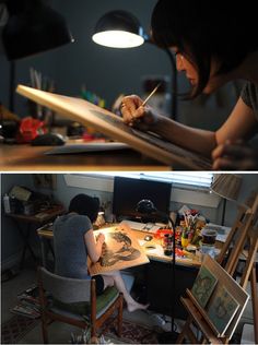 two pictures one with a woman sitting at a desk while the other has a painting on it