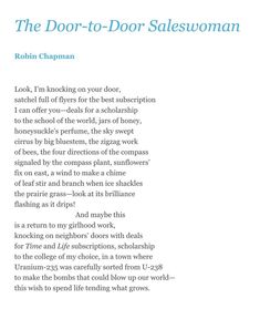 the door - to - door salesmanman by robin chapman is featured in this book