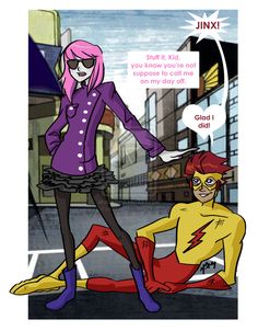 an image of two people dressed up as the flash and catwoman in comic style