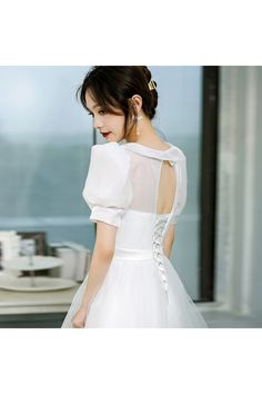 Shop retro simple collar white wedding party dress with short sleeves online. Sheprom offers formal or casual style dresses to fit your special occasions. White Short Sleeve Dress For Prom, Short Sleeve Dress With Fitted Bodice For Confirmation, White Short Sleeve Confirmation Dress, White Short Sleeve Dress For Confirmation, White Short Sleeve Prom Dress, Solid Color Short Sleeve Wedding Dress, Solid Color Short Sleeve Banquet Dress, Elegant White Short Sleeve Wedding Dress, White Wedding Party