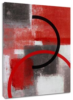 an abstract painting with red, grey and black circles