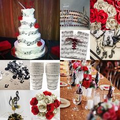 a collage of photos with red and white flowers, music notes, wine glasses, cake