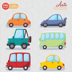 four different colored cars on a white background