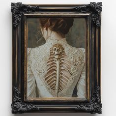 a painting of a woman's back with a skeleton in the upper half and an intricately detailed neckline