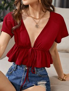 Burdeos Sexy Collar manga corta Tela tejida Liso  Embellished Elástico Ligero Verano Ropa de Mujer Solid Tops, Women Tops, Drawstring Waist, Summer Women, Women Clothing, Knitted Fabric, Womens Tops, T Shirts For Women, Collar