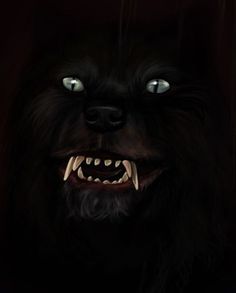 an evil looking dog with its mouth open and glowing green eyes, in the dark