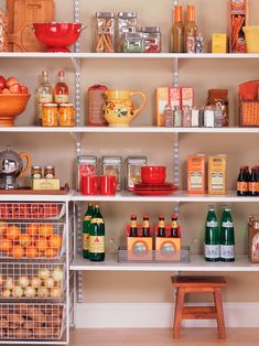 the shelves are filled with various types of condiments