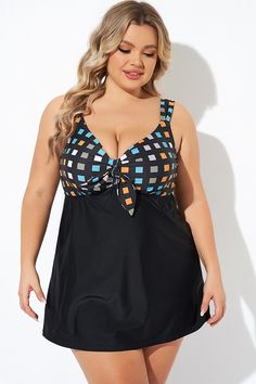 Graceful Tie Front Sweetheart Neckline Swimdress - Meet.Curve - Meet.Curve Sleeveless Beach Tankini With Medium Bust Support, Sleeveless Tankini With Medium Bust Support For Beach, Medium Bust Support Sleeveless Tankini For The Beach, Beach Tankini With Medium Bust Support, Summer Swimwear With Spaghetti Straps And Medium Bust Support, Summer Swimwear With Medium Bust Support And Spaghetti Straps, Black Fitted Tankini With Padded Cups, Sleeveless Tankini With Medium Bust Support For Summer, Sleeveless Black Swim Dress With Built-in Bra