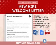 a red and white cover letter with the words,'new hire welcome letter '