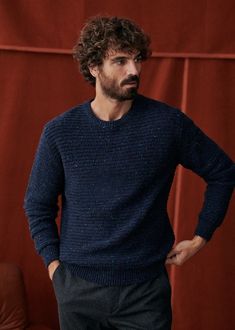 Sammy Sweater - Flecked Navy - Recycled wool - Sézane Look After Yourself, Parisian Style, Stylish Men, Round Collar, Stylish Outfits, Wool Blend, Jumper, Men Sweater, Recycling