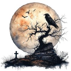 a black bird sitting on top of a tree next to a cross and a full moon