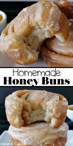 A double photo of two homemade honey buns on a white plate with a bite taken out of one of them. Honey Bun Recipe, Homemade Honey Buns, Homemade Glaze, Honey Bun, Breakfast Sweets, Honey Buns, Breakfast Pastries, Bun Recipe, Sweet Pastries