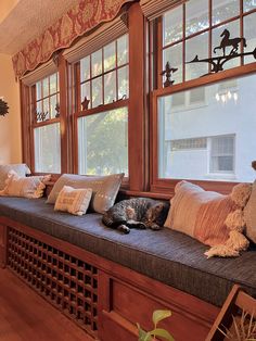 a cat laying on top of a window sill next to pillows and windowsill