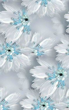 white flowers with blue centers on a gray and light blue wallpaper design by designer studio