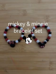 a mickey & minnie themed bracelet set that go perfectly together, or separate. both bracelets are 5.5 inches and use durable, stretchy string. Adjustable Personalized Plastic Bracelets, Adjustable Personalized Plastic Jewelry, Adjustable Red Stretch Bracelet For Birthday, Disney Bracelets, Disney Bracelet, S Bracelet, Seasonal Crafts, Mickey Minnie, Bracelet Set