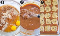 three pictures showing the steps to make chocolate and banana pies, including mixing batter