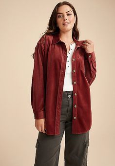 Corduroy Button Down Boyfriend Shirt | maurices Button Down Shirt Outfit, Button Down Shirt Women, Womens Outfit, Clothes Winter, Corduroy Shirt, Fall Fits, Boyfriend Shirt, Favorite Sweater, Winter 2024