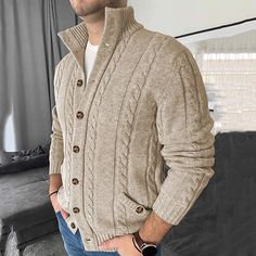 Men's Cardigan Sweater Chunky Cardigan Christmas Sweaters Cable Knit Cropped Button Up Side Pockets Plain Stand Collar Warm Ups Modern Contemporary Casual Daily Wear Clothing Apparel Fall Winter khaki 2024 - $39.99 Best Cardigans, Sweater Chunky, Mens Cardigan Sweater, Men's Cardigan, Chunky Cardigan, Knit Turtleneck Sweater, Mens Cardigan, Collar Sweater, Sweaters Online