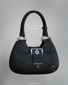 a black purse with a silver buckle on the front and side handles, hanging from a hook